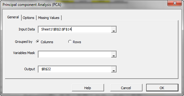 General tab of NumXL principal components analysis in Excel Wizard or dialog, no mask array is specified.
