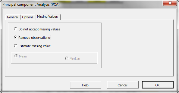 Missing values treatment tab in NumXL principal components analysis in Excel Wizard or dialog. The image shows the default selection - remove missing values.