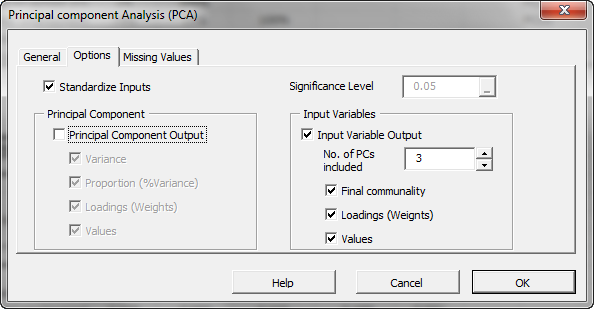 Options tab in NumXL principal components analysis in Excel Wizard or dialog, the screen shows PCA output unchecked, and the input variables out is checked and number of components is set to three.