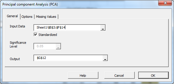 The General tab of the NumXL PCA dialog/Wizard in Excel.