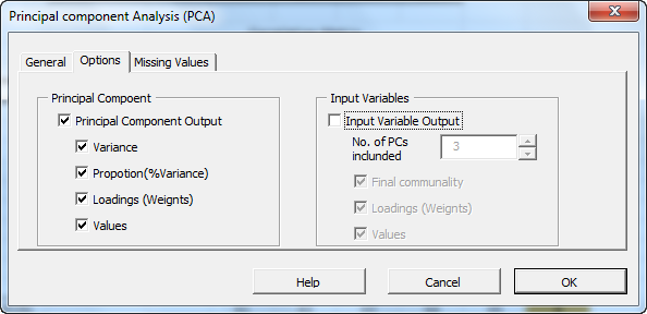 The Options tab in the NumXL principal component analysis dialog or Wizard.