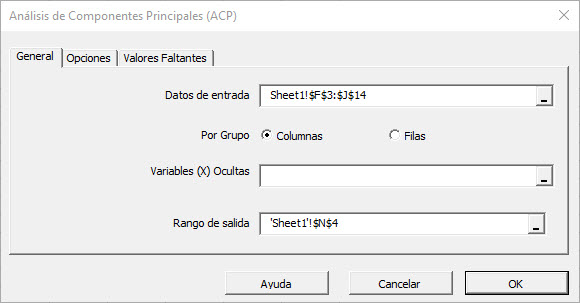 Pestaña general de diálogo NumXL ACP/Asistente en Excel.