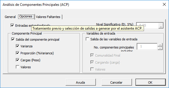 En la pestaña Opciones del análisis de componentes principales de NumXL, en el Asistente o diálogo de Excel, la pantalla muestra la salida de ACP sin marcar y las variables de entrada se comprueban y el número de componentes se establece en tres.