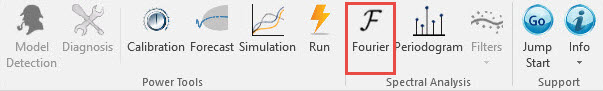 The figure shows the location of the discrete fourier transform (DFT) icon on the NumXL Toolbar