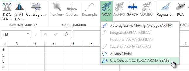 Imagen que muestra la nueva ubicación de la funcionalidad X-12-ARIMA en la barra de herramientas NumXL en Microsoft Excel.