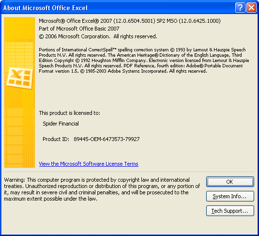 This figure shows Excel 2003 About dialog box.