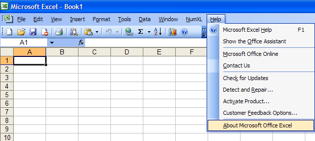 This figure shows Excel 2003 help menu.