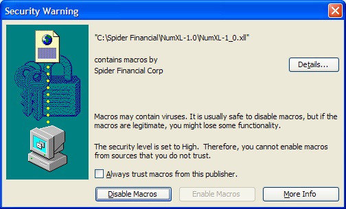This figure shows the Security Warning dialog box in Excel XP / 2002.