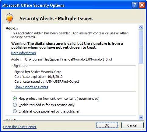 This figure shows Microsoft Office Security Options dialog box.