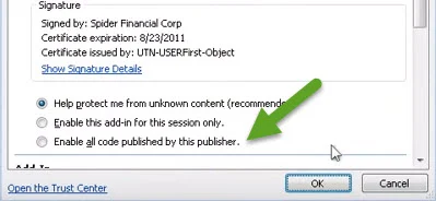 Click Enable all code published by this publisher section