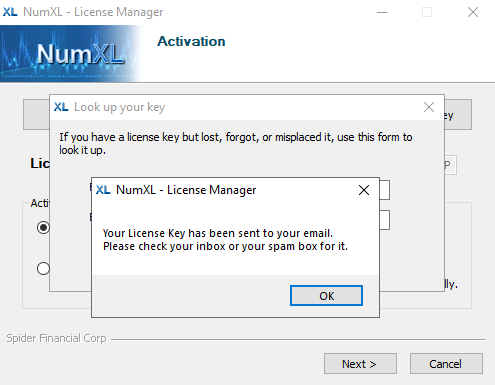 Mensaje de confirmación al final de la búsqueda de la clave de licencia de NumXL en el administrador de licencias.