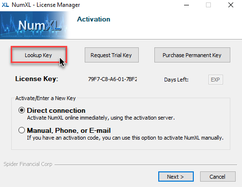 Lookup license key using NumXL License manager.
