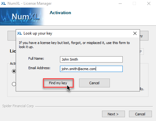 Fill in your name and email address to look up your license key using the NumXL License manager.