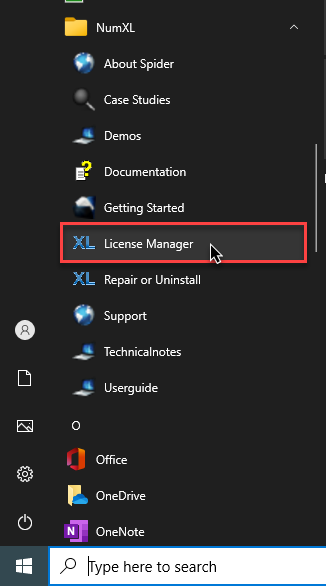 Locating NumXL license manager using the windows start menu.