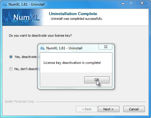 Confirmation message after NumXL uninstaller deactivated the License key.