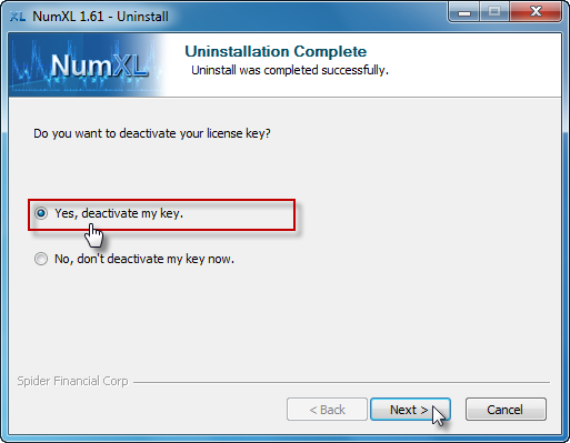 El desinstalador de NumXL solicita al usuario que desactive la clave de licencia.