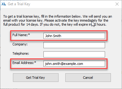 This figure shows the “get a trial key” dialog. Fill out your information here then press “get trial key” button.