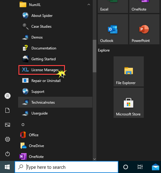 This figure shows NumXL's License Manager shortcut on the Start Menu.