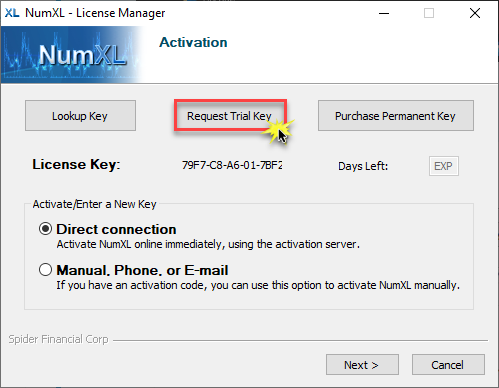 This figure shows the License Manager dialog / wizard. Select Request Trial Key.