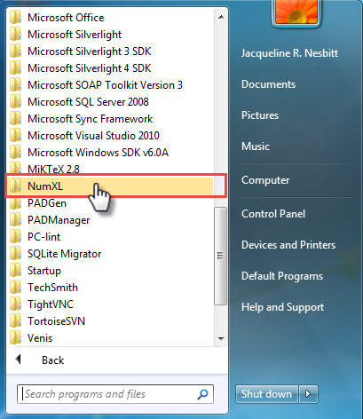 This figure shows the collapsed NumXL menu in the Windows 7 Start Menu.