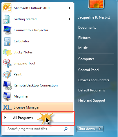 This figure shows the user pressing on the “All Programs” button in the Windows 7 Start Menu.