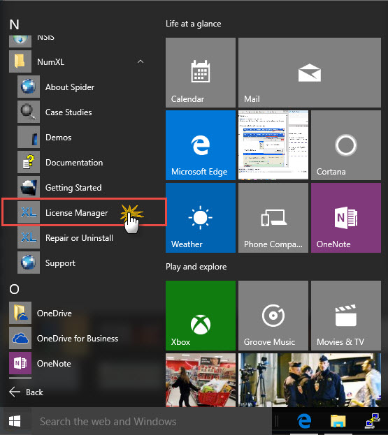 This figure shows the expanded NumXL menu in the Windows 10 Start Menu.