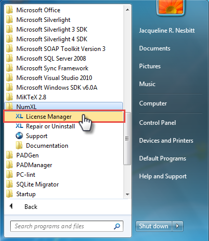 This figure shows the expanded NumXL menu in the Windows 7 Start Menu.