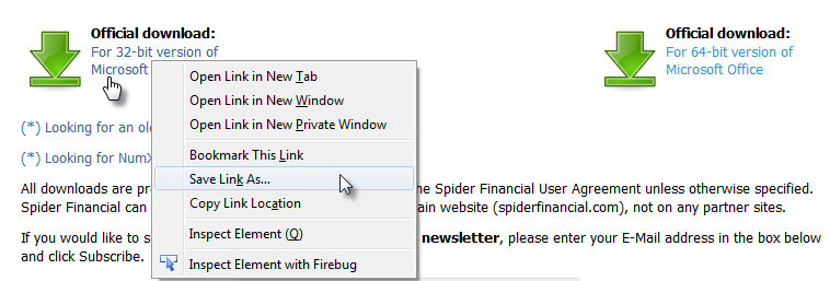 right-click on the download NumXL URL, a popup menu is show, select the save link as option.