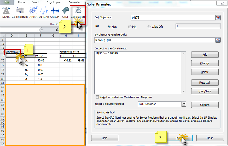 This figure shows the ARMA calibration using NumXL shortcut to initializes Excel Solver.