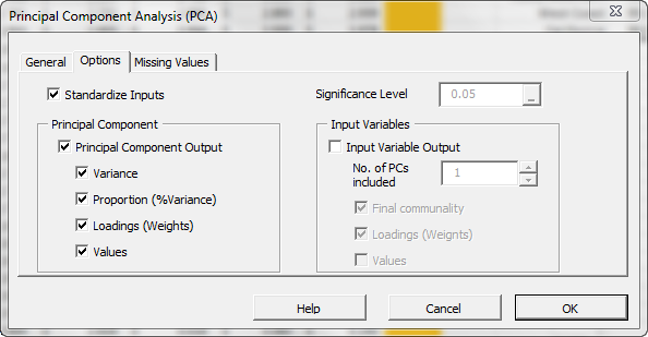 Options tab of NumXL principal component analysis wizard or dialog.