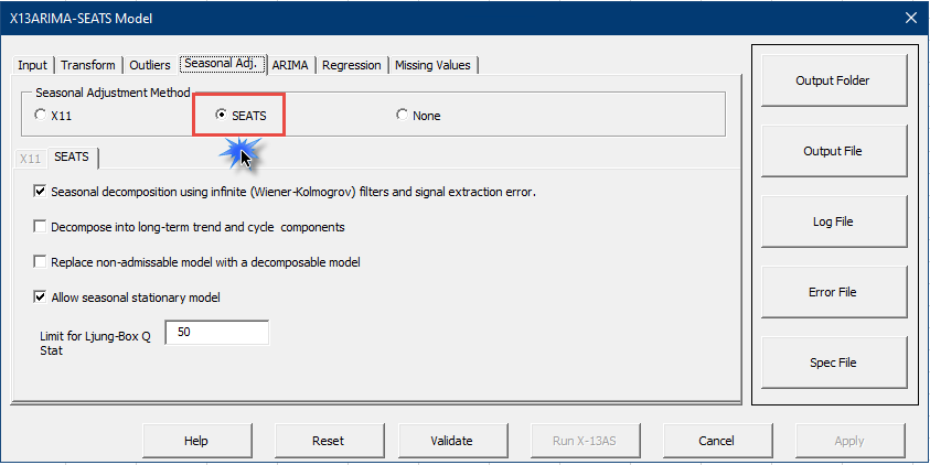 In the X13ARIMA-SEATS Model wizard, switch to the Seasonal Adj. tab and select the SEATS methodology.