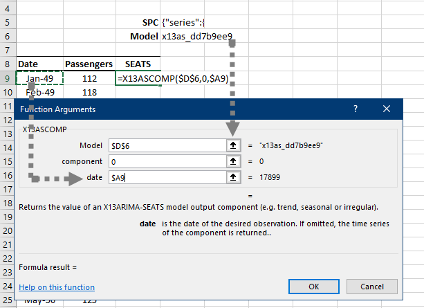 Fill in the model's input values in the X13ASCOMP Function Arguments dialog box.