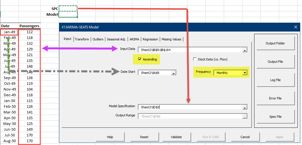 In the X13ARIMA-SEATS Model wizard, start filling in your input data.