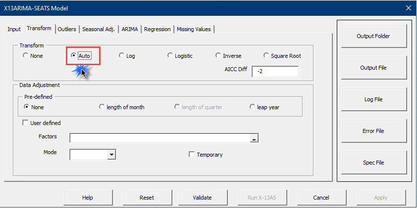 In the X13ARIMA-SEATS Model wizard, go to the Transform tab and select Auto for the transform function.