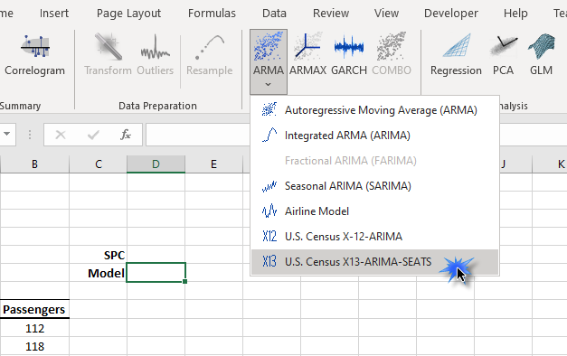 Localice el icono ARMA en la barra de herramientas de NumXL y seleccione la opción X13ARIMA-SEATS del menú desplegable.
