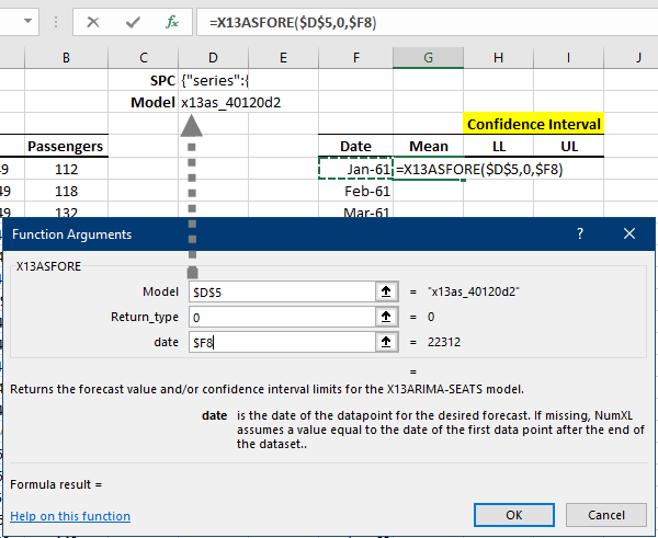 Type the X13ASFore function in the formula toolbar and fill in the model's input values using the Function Arguments dialog box.
