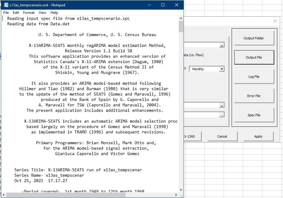 This figure shows the output file generated by the U.S. Census X13ARIMA-SEATS program.