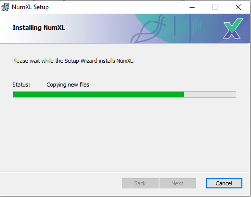 In this figure, the NumXL installer is copying program files onto your disk and configuring the corresponding Microsoft settings.