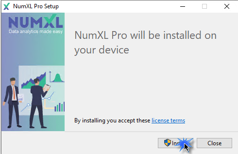 In this screenshot, the NumXL Installer is launched. Click Install to continue.