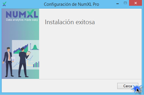En esta figura, la instalación de NumXL finaliza con éxito. Haga clic en el botón 'cerrar' para salir.
