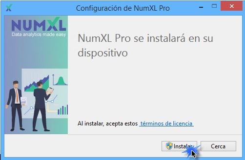 En esta captura de pantalla se inicia el instalador de NumXL. Haga clic en Instalar para continuar.