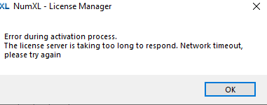 En esta figura, el administrador de licencias NumXL muestra un mensaje de error: El servidor de licencias está tardando demasiado en responder. Se agotó el tiempo de espera de la red, inténtelo de nuevo.