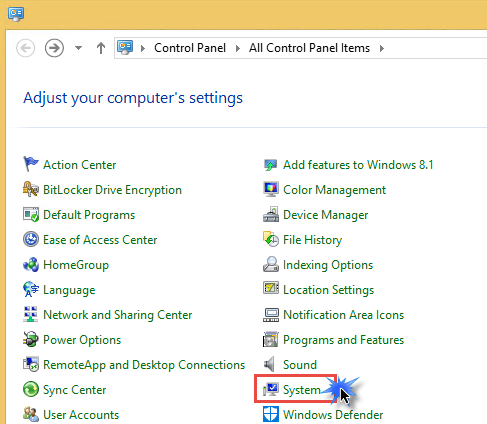 In the Control Panel window, locate the System icon, and click on it.