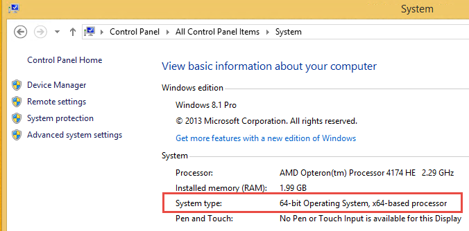 This figure shows the System window with the information displayed. Look for the System type for the number of bits that your Windows OS runs.