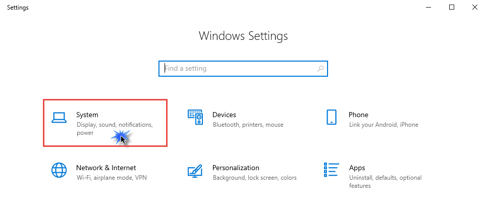 In the Settings window, locate the System icon and click on it.