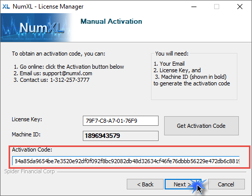 The figure shows the NumXL manual activation page, with the activation code pasted in the field with the label: Activation Code. Press the Next button to validate and store the code on your machine.