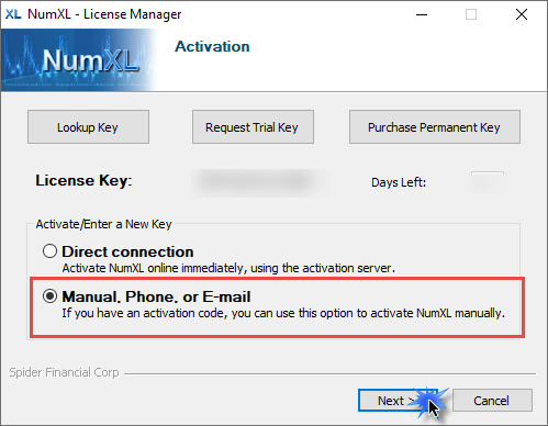 Select the second option for the manual activation scheme, and click on the Next button.