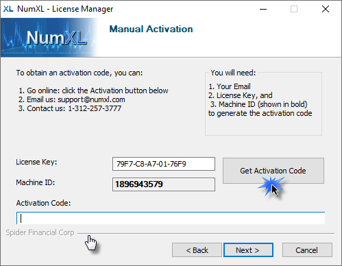 The figure shows the NumXL manual activation screen. Press the Get Activation Code button to launch the web browser to our site to finish the activation process.