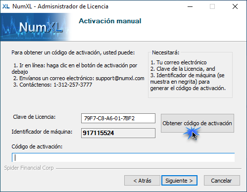 La figura muestra la pantalla de activación manual de NumXL. Presione el botón Obtener código de activación para iniciar el navegador web en nuestro sitio para finalizar el proceso de activación.