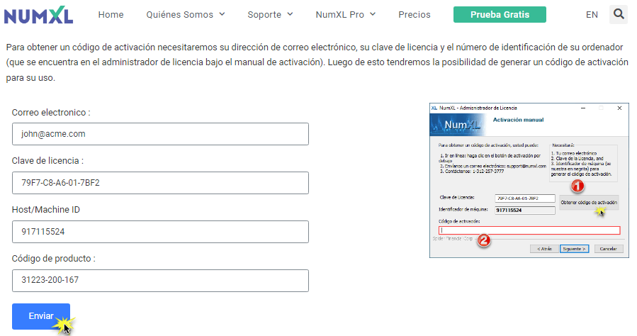 La figura muestra el formulario de activación manual de NumXL en nuestro sitio web. Los campos se rellenan previamente con valores del Administrador de licencias. Presione el botón Enviar para generar el código de activación.